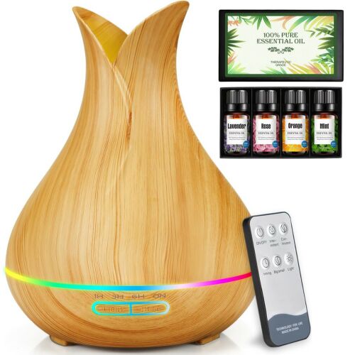 Ultraschall-Aromatherapie-Diffusor in Vasenform und 4-teiliges Pulaiyi-Set mit ätherischen Ölen – Helles Holz 122586458