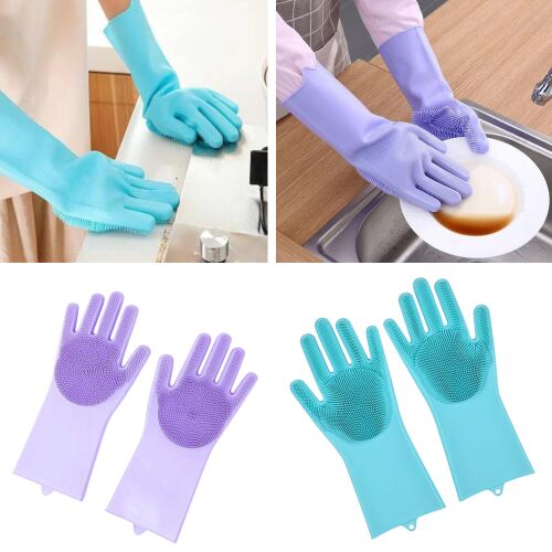 Set de 2 mănuși din silicon pentru spălat vase și curățat - albastru și violet 122586501