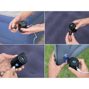 Colaj care arată pompa electrică de aer Bestway PowerTouch Pocket USB în uz, umflând o saltea pneumatică. - Bestway