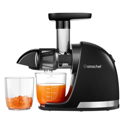 AMZCHEF 1501-BK-SM Slow Juicer in Schwarz mit Saft- und Tresterbehälter