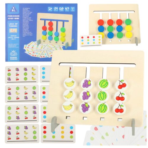 Négy színű logikai játék, fa játék gyerekeknek, logikai gondolkodás játék, mintafelismerő játék, színillesztő játék, gyümölcsillesztő játék, oktatójáték, óvodai játék, gyerekjáték, logikai játék, fa játék