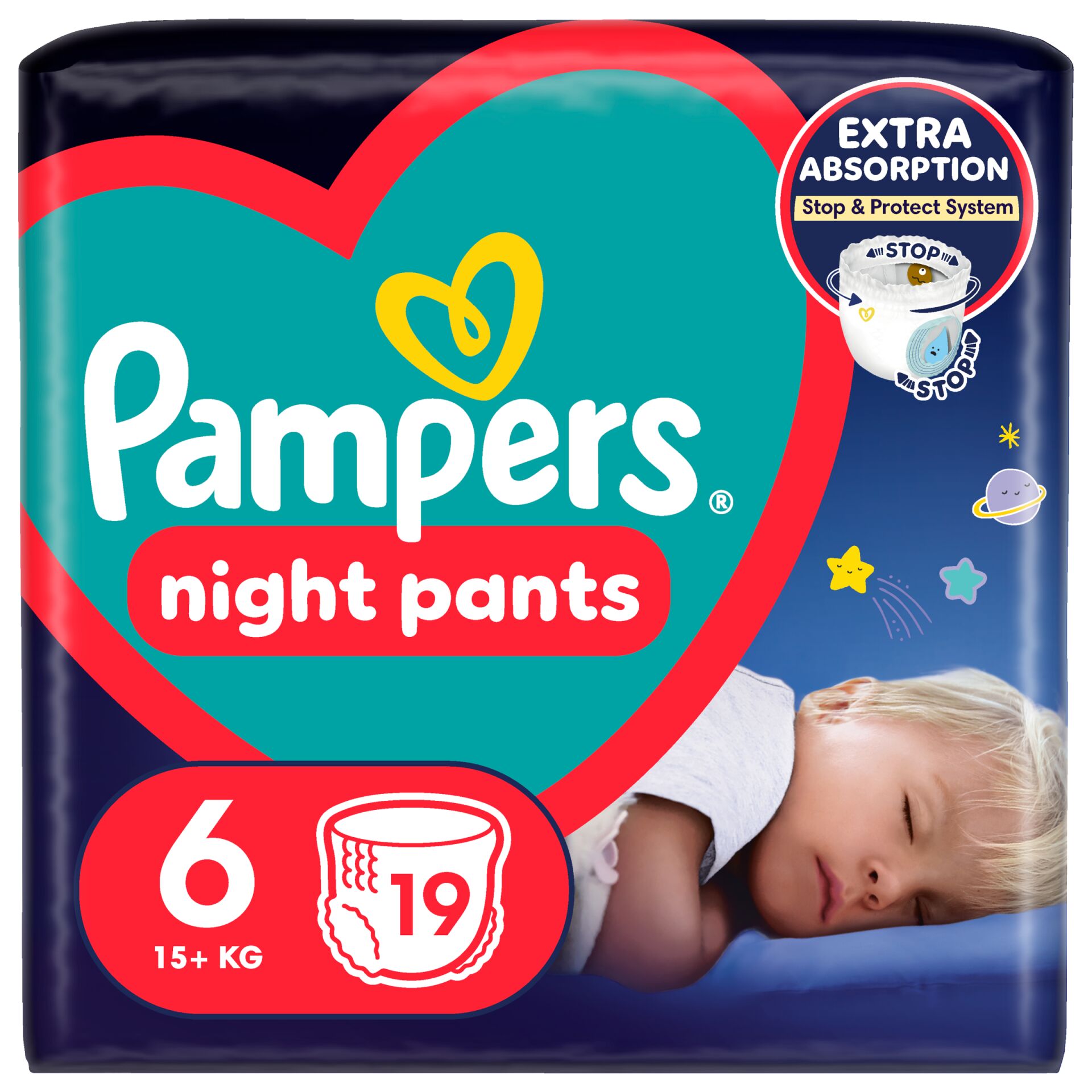 E-shop Pampers Nočné plienkové nohavičky 15kg+ Veľké 6 (19ks)