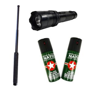 Kit autoapărare: Baston telescopic, lanternă electroșoc cu laser și 2 spray-uri lacrimogene NATO - Lanterne