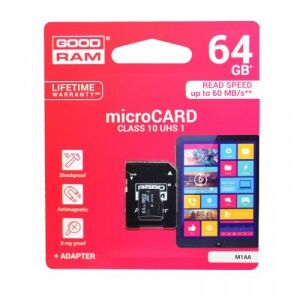 GOODRAM MEMÓRIA KÁRTYA TransFlash 64GB - microSDHC, Class 10, UHS-i 1, írási sebesség 20 Mb/s, olvasási sebesség 100 Mb/s, + SD adapter - M1AA-0640R12 - GYÁRI