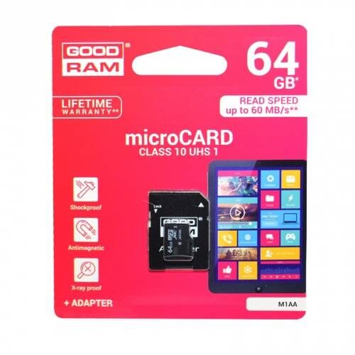 GOODRAM MEMÓRIA KÁRTYA TransFlash 64GB - microSDHC, Class 10, UHS-i 1, írási sebesség 20 Mb/s, olvasási sebesség 100 Mb/s, + SD adapter - M1AA-0640R12 - GYÁRI 122762948