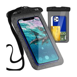 Geantă impermeabilă pentru telefon Malatec pentru smartphone-uri de până la 7 inci, neagră, cu cordon, arătând un telefon în interior și un card de credit în buzunar - Malatec