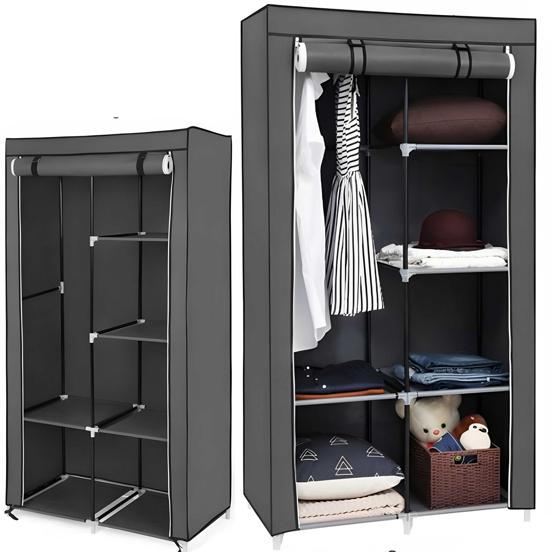 Retoo textil Gardrób 6 polccal és fogassal - szürke