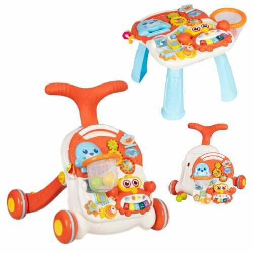 Multifunctional 2-in-1 Interactive Baby Walker and Activity Table, red and white color, multiple views