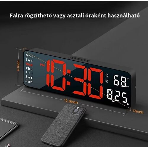 Cyfrowy zegar ścienny LED z datą, temperaturą i alarmem, czarny, 5503