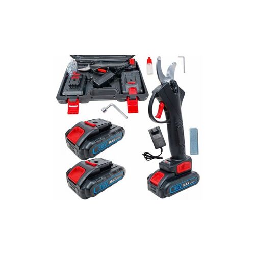 LeoTools LE-040 Akkumulátoros Metszőolló készlet két akkumulátorral, töltővel és hordtáskával, kollázs