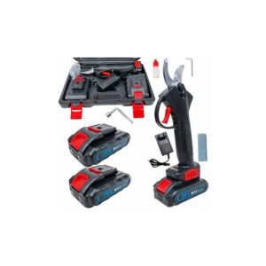 Zestaw nożyc do cięcia gałęzi akumulatorowych LeoTools LE-040 z dwoma bateriami, ładowarką i walizką, kolaż - Sekatory