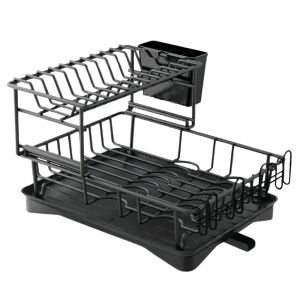 Suport de vase negru cu 2 niveluri, cu tavă de scurgere și suport pentru tacâmuri - Ustensile de bucătărie