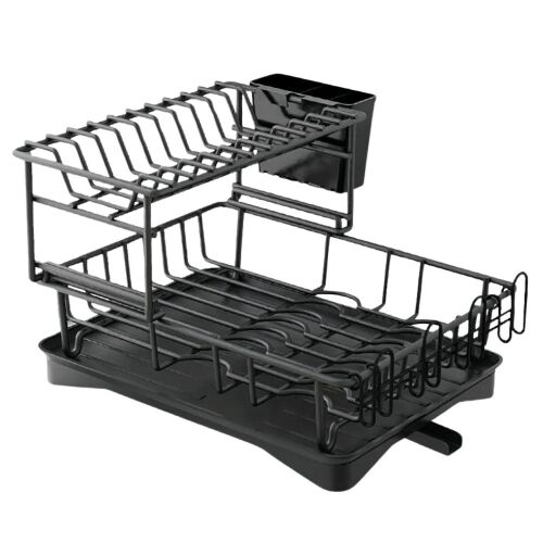 Czarny 2-poziomowy stojak na naczynia z ociekaczem i pojemnikiem na sztućce