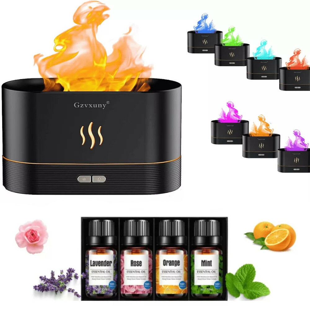 Afire Flame Effect Aromaterapie Umidificator - 180 ml - Flacără colorată - Pulaiyi Set de 4 uleiuri esențiale