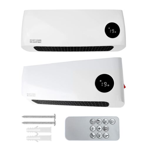 Fehér elektromos fali fűtőtest távirányítóval, csavarokkal és faldugókkal