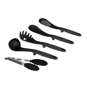 Berlinger Haus BH6339 Anthracite 5 Piece Kitchen Tool Set, black nylon kitchen utensils, includes serving spoon, ladle, spaghetti server, skimmer, and tongs - Kitchen tool