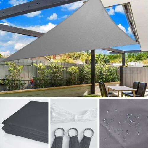 Pepita vele impermeabilă triunghiulară de soare 3x3x3m 160g/m2 gri, colaj care prezintă produsul în uz, pliat și detalii