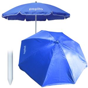 Pepita 2m plava suncobran plave boje s UV zaštitom, prikazuje suncobran iz dva kuta i šiljak za zemlju - Vrtni namještaj