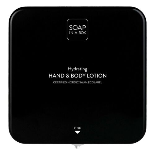 Dispenzor na mydlo Soap-In-A-Box na ruky a telo, čierny, pohľad spredu