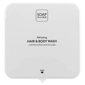 Soap-In-A-Box biely dávkovač šampónu a sprchového gélu, predný pohľad - Dávkovač mydla