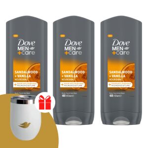 Dove Men+Care férfi Tusfürdő Sandalwood + Vanilla 3x400ml + Ajándék Utazóbögre