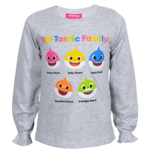 Nickelodeon Baby Shark szürke hosszú ujjú póló, 'Fin-Tastic Family' nyomtatással, rajta Anya, Baba, Apa, Nagymama és Nagypapa Cápa