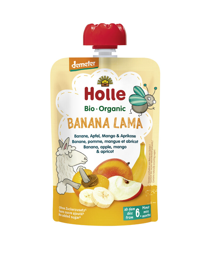 HOLLE Banana lama Bio gyümölcspüré banán, alma, mangó, sárgabarac...
