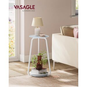 Biely okrúhly bočný stolík s mramorovým vrchom a spodným regálom, ideálny do obývačky alebo spálne, Vasagle by Songmics Home - Nočné stolíky