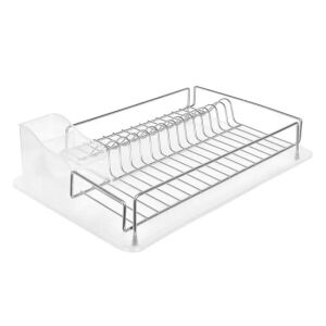 Ezüst fém edényszárító műanyag tálcával, 32x47cm, tányérok, poharak és evőeszközök szárításához - Edényszárító