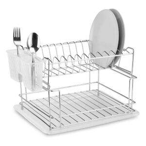 Strieborný 2-poschodový sušiak na riad s držiakom na príbory a odkvapkávacou miskou, s taniermi, vidličkami a lyžicami - Kuchyňa a stravovanie