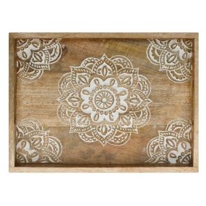 Dekoratív tálca, faragott mandala mintával, fa, 38x28x5 cm, barna