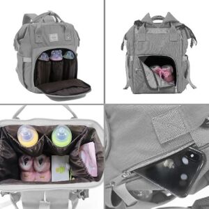 Plienková taška batoh s viacerými vreckami a priehradkami, zobrazujúci držiaky na fľaše, prebaľovaciu podložku a vrecko na telefón - Prebaľovacie tašky