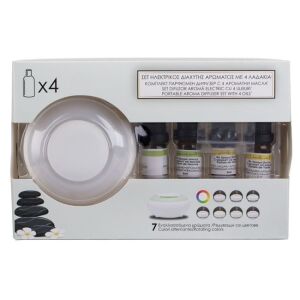Elektromos diffúzor aromaterápiához és parfümkészítéshez, váltakozó színű LED fénnyel és 4 olajjal, 9,5x4cm, fehér színben.