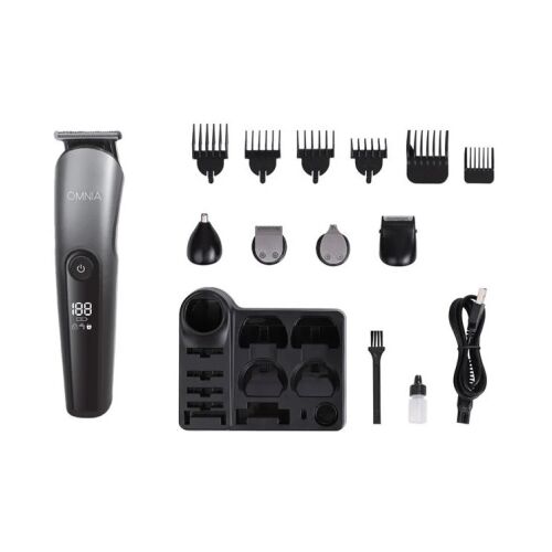 Zestaw do strzyżenia i trymowania włosów Omnia 11 w 1, pokazujący wszystkie nasadki, stację ładującą, szczotkę do czyszczenia i olej