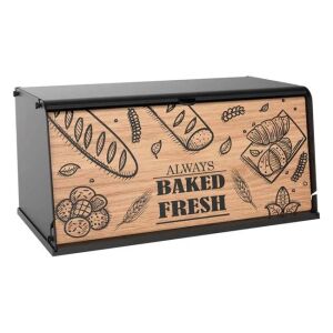 Czarny pojemnik na chleb z drewnianą deską do krojenia i napisem 'Always Baked Fresh' - Koszyk na chleb
