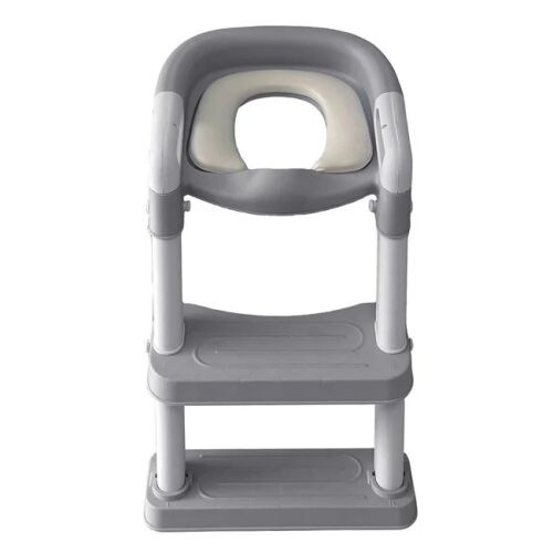 Szürke WC-szűkítő lépcsővel kisgyermekeknek, szobatisztaság tanulásához, biztonsági fogantyúkkal, kényelmes üléssel