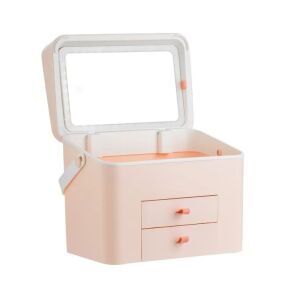 Rózsaszín és fehér sminktükör tárolóval, tükörrel és fiókokkal, LED világítással, hordozható - Kozmetikai rendszerező