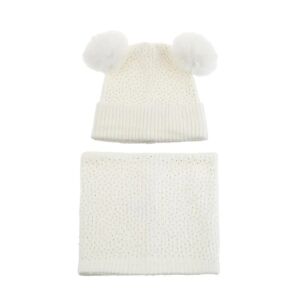 Biela pletená čiapka a šál set s pomponmi a kamienkami, zimná čiapka a šál set pre dievčatá - Detské čiapky, súpravy