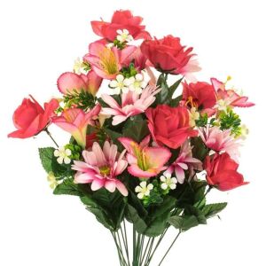 Bukiet sztucznych kwiatów, różowe róże, stokrotki, lilie i białe kwiaty z zielonymi liśćmi, 60 cm, różowy/biały - Projektowanie wnętrz