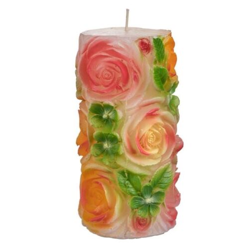 Dekoratív paraffin gyertya dombornyomott rózsa mintával, rózsaszín és narancssárga, Ø7x14,5 cm