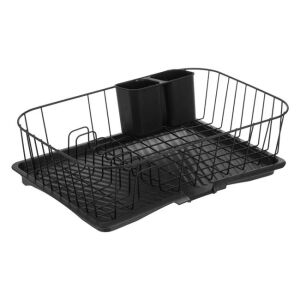 Fekete fém edényszárító csepegtető tálcával, evőeszköz tartóval és evőeszköz tartóval - Edényszárító