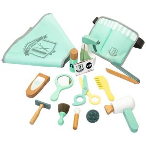 Játékkészlet, fodrász, fából, 3 éves kortól, 16 kiegészítővel, 21,5x17,10 cm, barna-kék színű