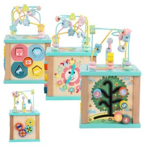 Cube Logic 5 v 1 Centrum Aktivity pre Malé Deti, Multifunkčné Drevené Hračky s Bludiskom, Počítaním, Puzzle, Točiacim sa Kolieskom a Písacou Tabuľou, Farebná, 30x19x19 cm - Hračky pre rozvoj škôlkarov