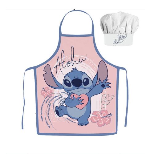 Disney Lilo és Stitch Aloha gyerek kötény szett, 2 darabos, Stitch szerepel rajta, aki egy szívet tart a kezében, és az Aloha felirat, rózsaszín kötény kék szegéllyel, fehér szakács sapka Stitch-el és Aloha felirattal
