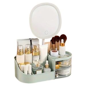 NEXTLY sminkrendszerező LED-es tükörrel, a kozmetikumokkal és sminkecsetekkel ellátott szervező bemutatása - Kozmetikai rendszerező