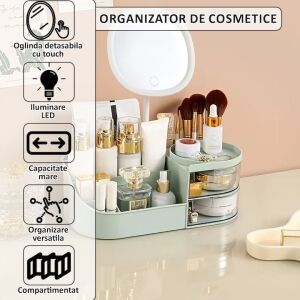 Zöld kozmetikai szervező levehető érintésvezérlésű tükörrel és LED-világítással, NEXTLY márka - Kozmetikai rendszerező