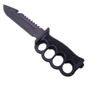 Cuțit de supraviețuire negru cu protecție pentru degete, busolă, fluier, pilă și lamă zimțată - Cuțite de vânătoare și de supraviețuire