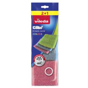 Шкурки за миене Vileda Glitzi Power Inox Colors, 3 броя, за почистване на тенджери, тигани и скари - Ръчно миене на съдове
