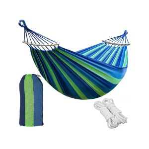 Brazil 2-Personen-Hängematte, XXL-Größe, 200 kg Tragfähigkeit, mit Abdeckung, blau-grün gestreift - Garten