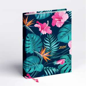 2024 Tropical Daily Planner, Realsystem Librobella für Frauen, Blauer Einband mit rosa Blumen und grünen Blättern - REALSYSTEM